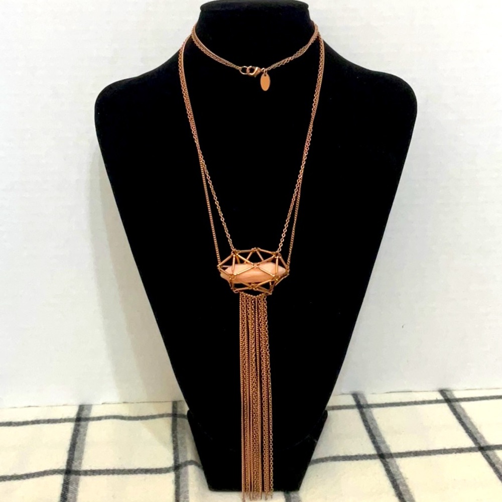 Rosegoldtone Caged Gemstone Pendant Long Tassel Necklace